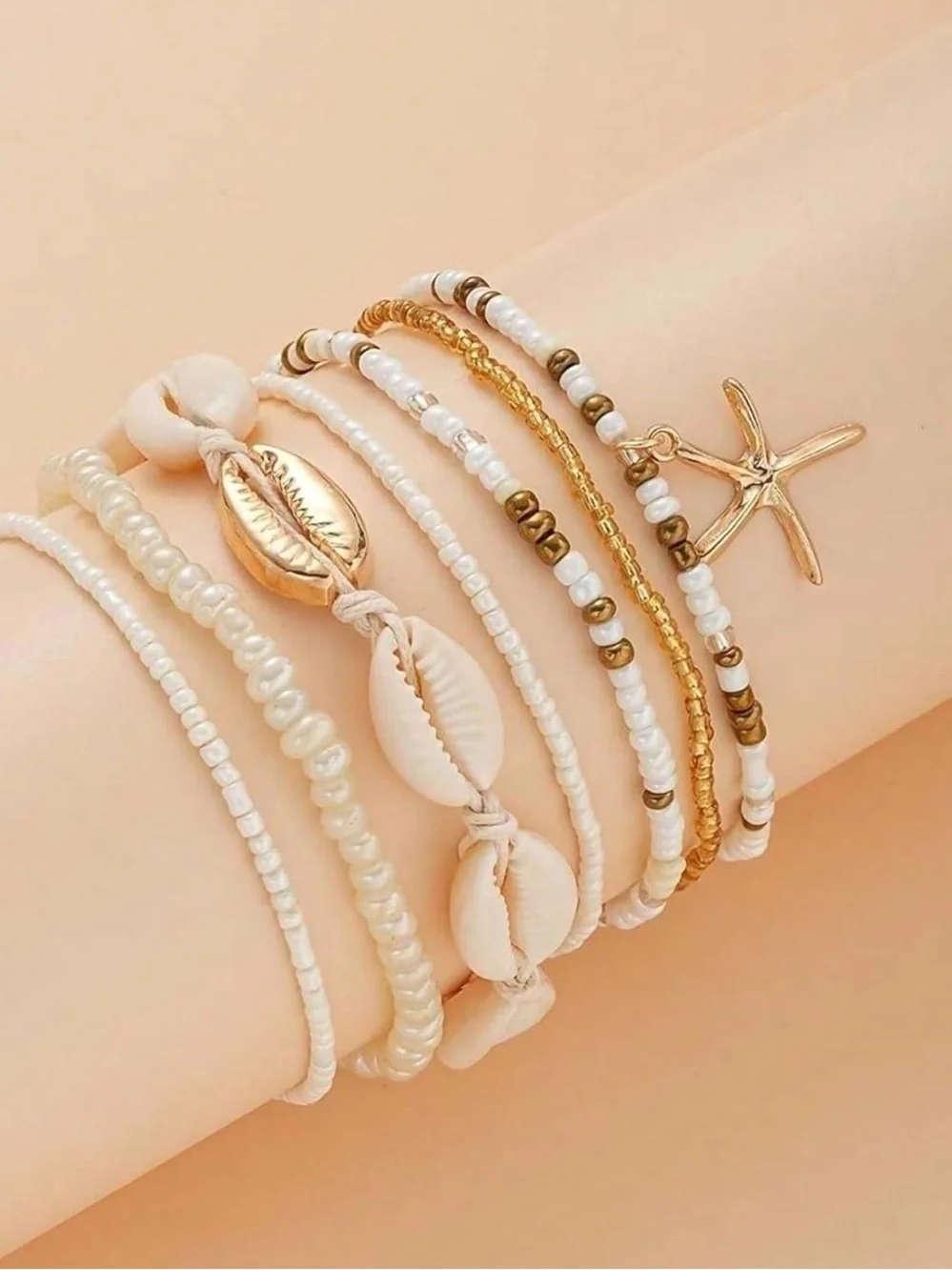 Anthropologie White & Gold Shell Anklet Stack